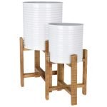 CONJ.2 VASOS METAL C/SUPORTE MADEIRA BRANCO 60X28/50X25