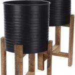 CONJ.2 VASOS METAL C/SUPORTE MADEIRA PRETO 60X28/50X25