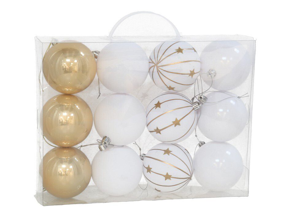 8445393354521 CONJ.12 BOLAS NATAL ZURA BRANCO/OURO 8CM - Image 1