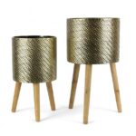 CONJ.2 VASOS METAL C/PES MADEIRA COR:OURO