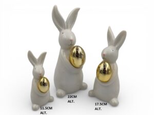 CONJ.3 COELHOS CERAMICA C/OVO OURO