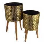 CONJ.2 VASOS METAL C/PES MADEIRA COR:OURO